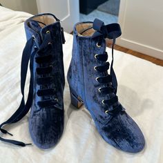 Pristine Condition. Never Worn. Blue Heel Boots, Godmother Aesthetic, Aerion Targaryen, Fairytale Heels, Light Blue Boots, Blue Combat Boots, Blue Academia, 1700s Fashion, Blue Steampunk