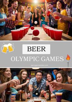 people at a table with beer glasses in front of them and the words beer olympic games