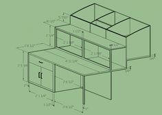 a drawing of a desk with drawers and cupboards on it, as well as measurements