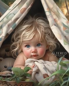 a painting of a baby with blue eyes and blonde hair sitting in a basket under a canopy