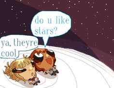 two cartoon characters are talking to each other on the snow covered ground with stars in the background