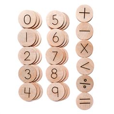 wooden numbers and numerals are arranged on top of each other