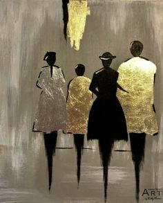 an abstract painting of three women standing in front of a window with gold foil on it