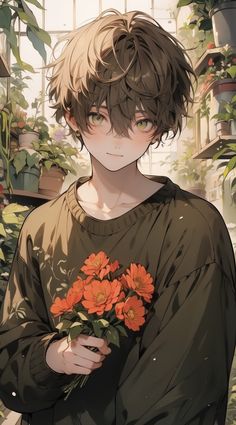 an anime character holding flowers in his hands