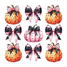 pumpkins with bows and polka dots are shown in different colors, sizes and shapes