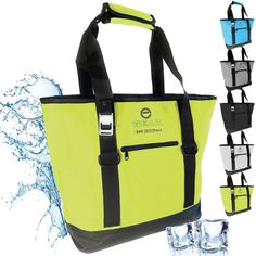 an image of a bag with water splashing around it and glasses on the side