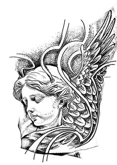 a black and white drawing of a woman's face with wings on her head