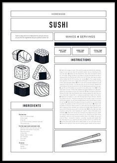 a black and white poster with sushi instructions on the front, an image of chopsticks in the back