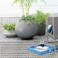 a living room area with two chairs and a planter on the floor next to it