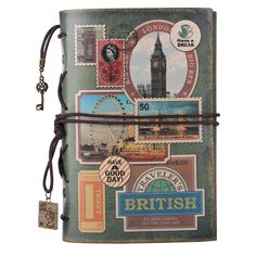 an old book with stamps on it and a keychain hanging from the front