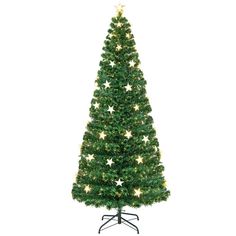 a green christmas tree with white stars on it and a black metal stand against a white background