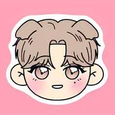 the face of a person with brown hair and big eyes is drawn on a pink background