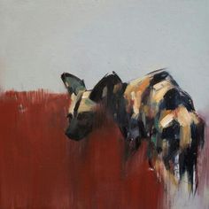 a painting of a cow standing in front of a red wall with white and black paint on it