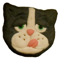 a black and white cat face with green eyes