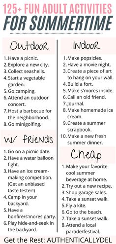 Summer Activities for Adults Summer Activities For Adults, Adult Activities, Summertime Activities, Activities To Do At Home, Dating Ideas, Things To Do At Home, Fun Summer Activities, Diy Crafts For Adults, Summer Activity