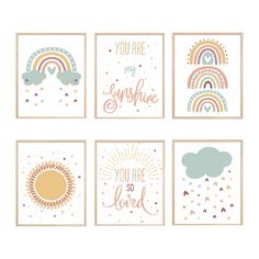 four different greeting cards with rainbows and clouds in pastel colors, one says you are my sunshine the other says you are so loved