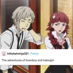 two anime characters standing next to each other with caption that reads, kitty yashinna231 follow the adventures of loveboy and hategirl