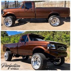 two pictures side by side of a brown truck with chrome wheels and rims on