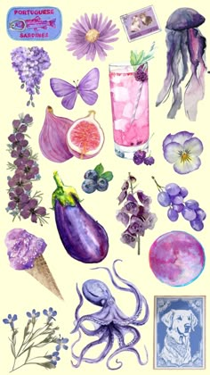 watercolor painting of purple flowers, an octopus and other items