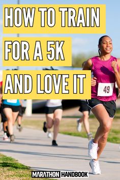 a woman running down a sidewalk with the words how to train for a 5k and love it