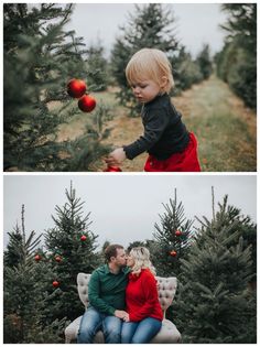 two photos of a man and woman sitting on a bench in front of christmas trees