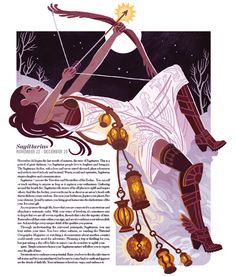 an illustration of a woman holding a bow and arrow in the air with lanterns hanging from it