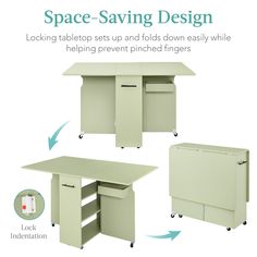 the space saving desk is shown with an open drawer