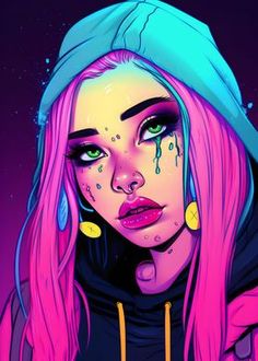 a drawing of a girl with pink hair and piercings on her face, wearing a hoodie