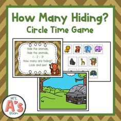 how many hiding? circle time game with pictures and text on the front, along with an image of giraffes