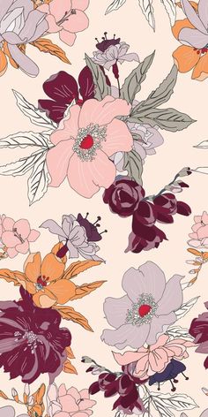 an image of a flower pattern on a pink background with purple and orange flowers in the middle