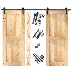 an open sliding door with hardware and tools on the bottom panel, along with other accessories