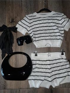 TAVIMART - Stripe Round Neck Short Sleeve Tee T-shirts And Shorts Two Piece Set For Women Outfits Fashion Slim Chic Knitting Summer Suit Spring Crew Neck Sets, Casual Knit Sets For Spring, Casual Spring Knit Sets, Spring Casual Knit Sets, White Crew Neck Sets For Spring, Casual White Knit Sets, White Knit T-shirt For Summer, Crew Neck Knit Top For Summer Loungewear, Knitting Summer