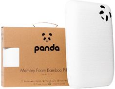 the memory foam bamboo pillow is white and has panda on it's back side