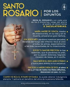 a woman holding a rosary with the words sano rosario written in spanish