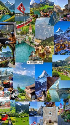 a collage of pictures with mountains, lakes and houses in them is shown here