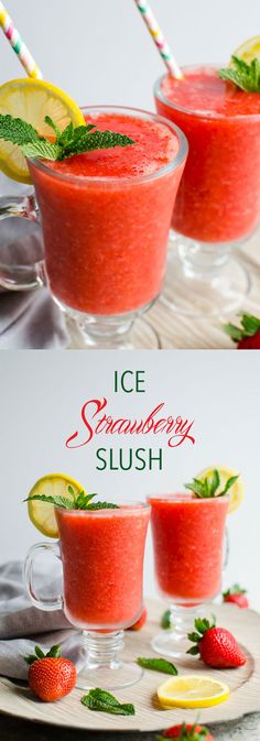 two shots of strawberry slush with lemons and strawberries on the side, one is garnished with mint