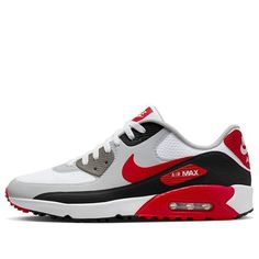 Nike Air Max 90 Golf 'White Black University Red' DX5999-162 Red Nike Air Max For Sports, Nike Air Max Red Sports Shoes, Sporty Red Nike Air Max For Sports, Red Nike Air Max For Sports With Boost Midsole, Red Nike Air Max With Boost Midsole For Sports, Guys Fashion Casual, Nike Air Max 90, Nike Sneakers, Stylish Sneakers