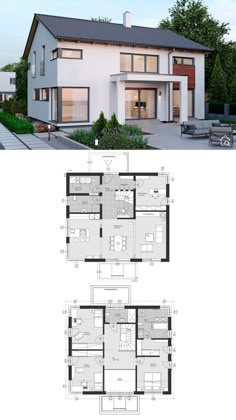 two story house plan with floor plans and elevation views for the living room, kitchen and bedroom