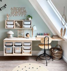 a room with a desk and shelves filled with toys