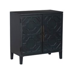 a black cabinet with an intricate design on the front and bottom panel, it has two doors