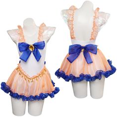 two mannequins with blue and orange bows on them, one is wearing a dress