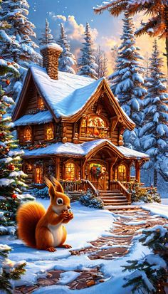 a painting of a squirrel sitting in front of a house with snow on the ground