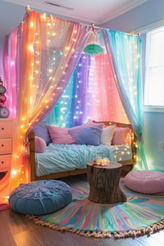 a room with colorful curtains and lights on the walls, furniture and rugs are arranged around a tree stump