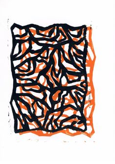 an orange and black drawing on white paper with lines in the center, as if they were intertwined