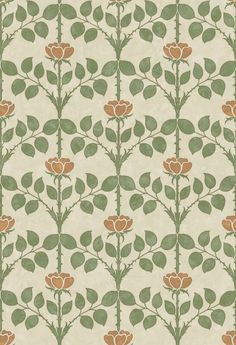 a wallpaper with flowers and leaves in green, orange and beige colors on a white background