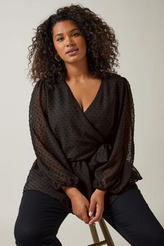 Shop Evans Black Dobby Polka Dot Wrap Top at Yours Clothing. Discover women’s plus size clothing in sizes 10-36 with fast delivery. Fashion Fits, City Chic, Wrap Top, Plus Size Clothing, Size Clothing, Plus Size Outfits, Polka Dot, Topshop, Polka Dots