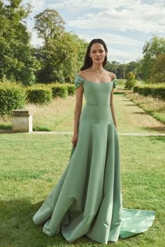 Vittoria Green Faille Drop Waist Gown Drop Waist Gown, Best Wedding Guest Dresses, Column Dress, Leaf Green, Guest Outfit, Beautiful Gowns, Classy Dress, Drop Waist, Fancy Dresses