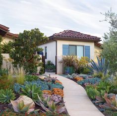 a house that is surrounded by plants and flowers