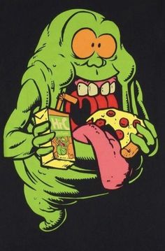 an image of a cartoon character eating pizza and holding a box with cheese on it