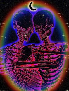 two skeletons sitting next to each other in front of a rainbow colored background